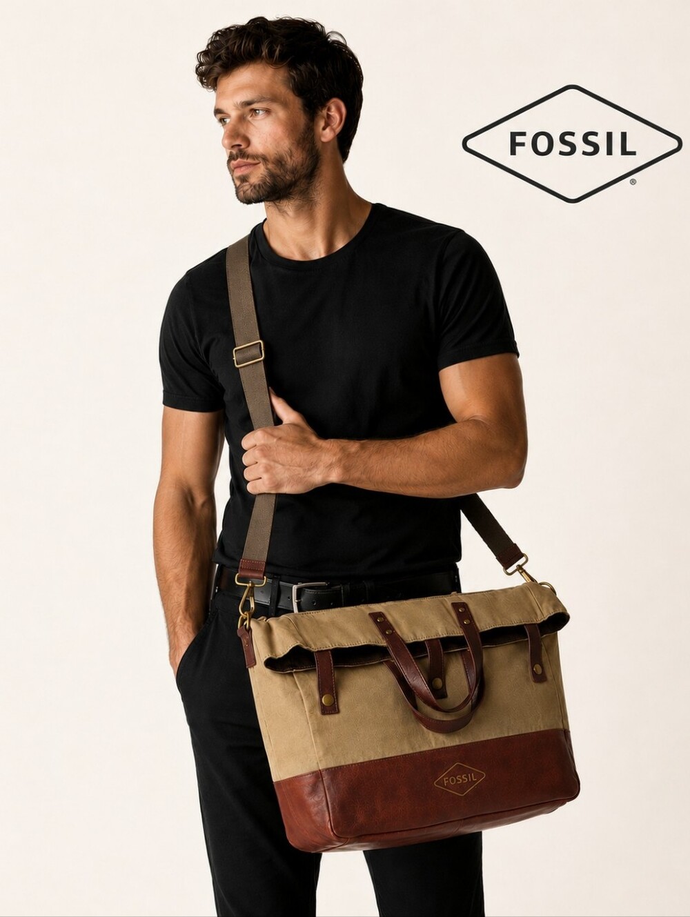 Vintage Rare Fossil Gordon Canvas/Leather Versitale Handle Tote Handbag Large